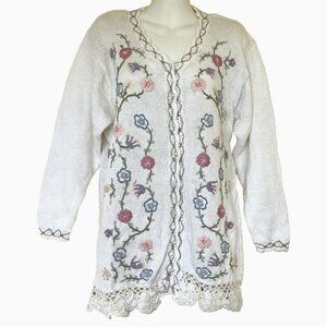Cleo Floral Embroidered Knit Cardigan Sweater White Ramie Cotton Vintage 90s